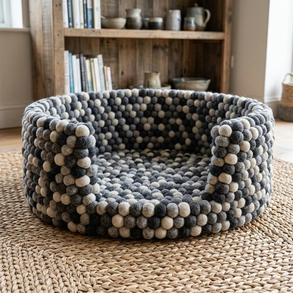 Handmade Wool Felt Ball Dog Bed – Monochrome